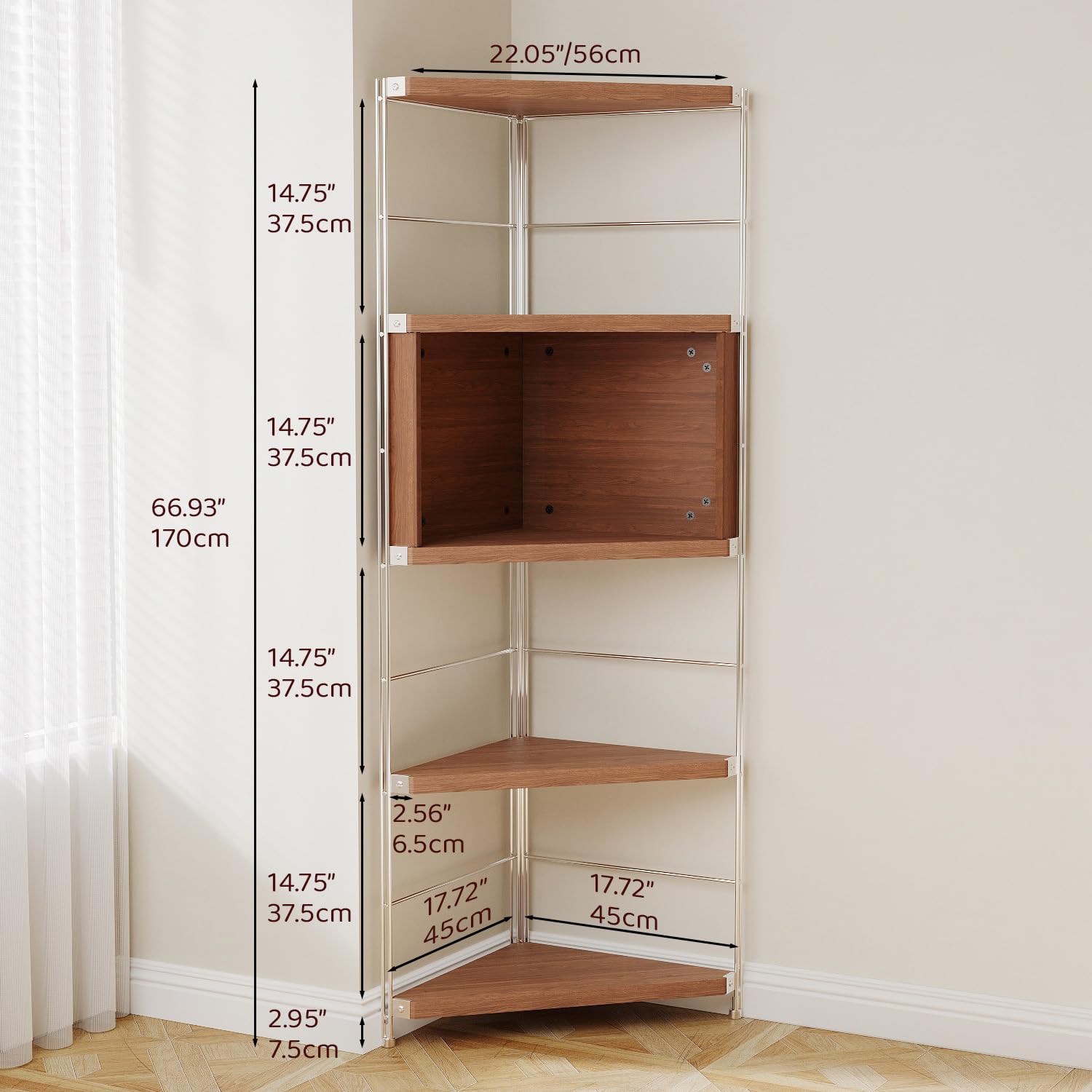 Photo 1 of Achene 5-Tier Industrial Corner Bookshelf, Storage Bookcase for Living Room, Bedroom, Home Office, and Kitchen, 18"x18"x67" Inches