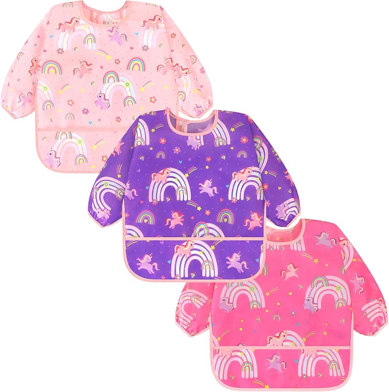 3 Pack Long Sleeve Bibs, Baby Smock Waterproof Sleeved Bib Smock for Baby Toddler 6-36 Months
