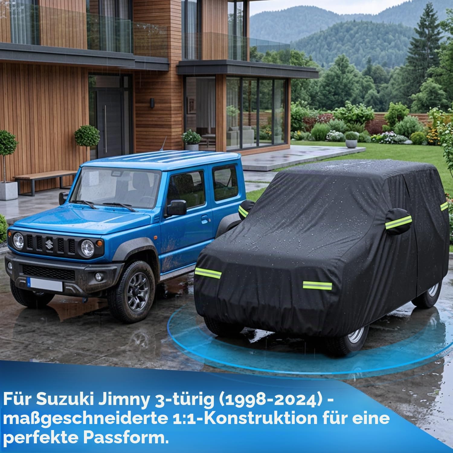 Autoabdeckung für Jimny 3-Türer 1998–2024, maßgeschneiderte Auto Abdeckplane mit Reißverschluss an der Fahrerseite, 4000 mm wasserdicht, Auto Vollgarage für Suzuki.