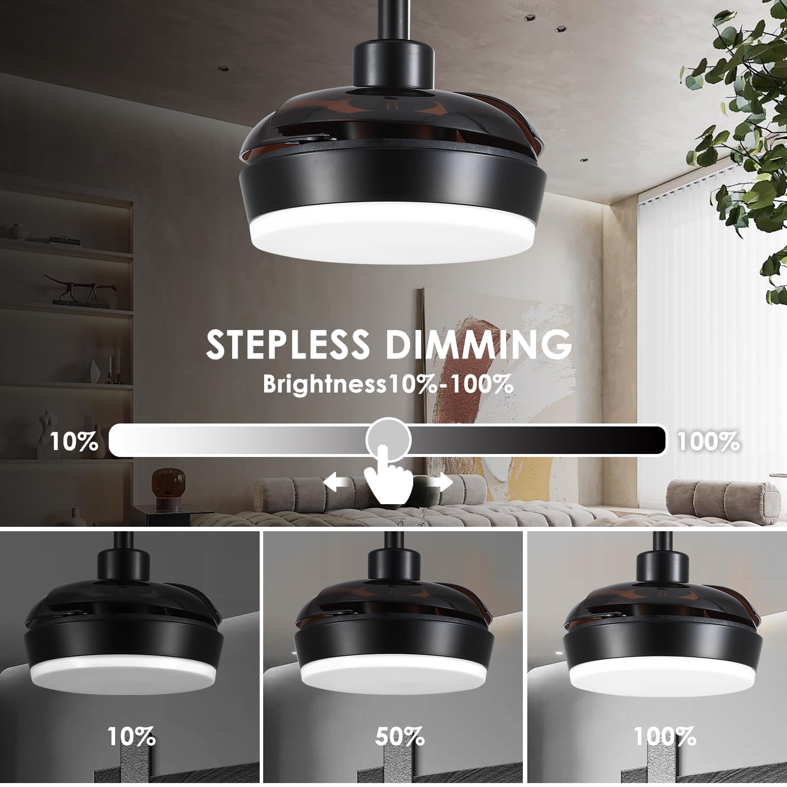 60 cm Ventilateurs de plafond modernes avec lumière et télécommande, ventilateur de plafond noir avec lumière, réversible, petits ventilateurs de plafond sans pales avec lumière LED réglable pour