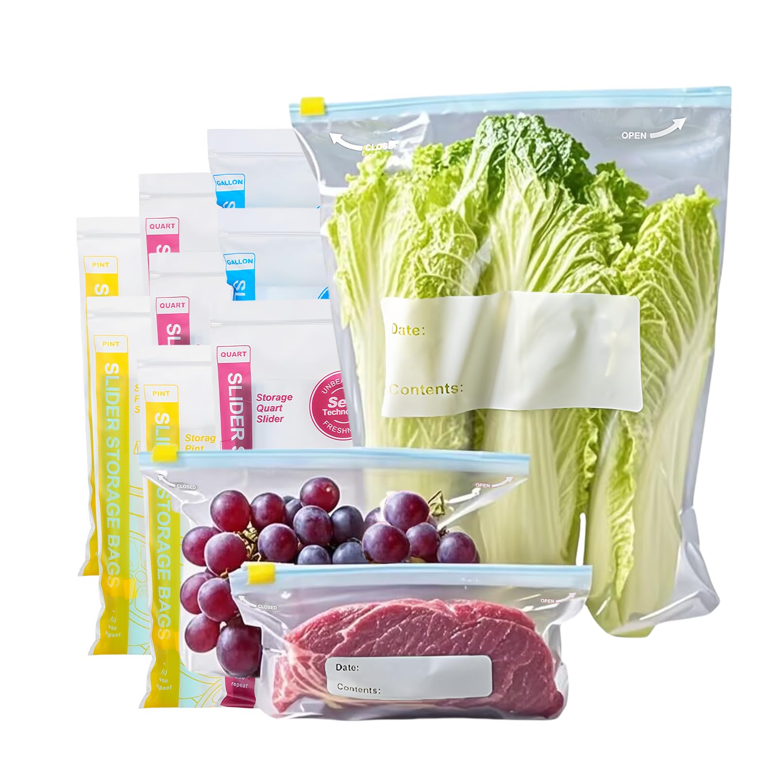 80pcs Zip Lock Bags, Food Storage Freezer Bags,Reusable Sliding Zip Food Storage Bag with Expandable Bottom,3 Sizes Food Leakproof Ziplock Bag for Vegetables, Fruits, Meat, Grains