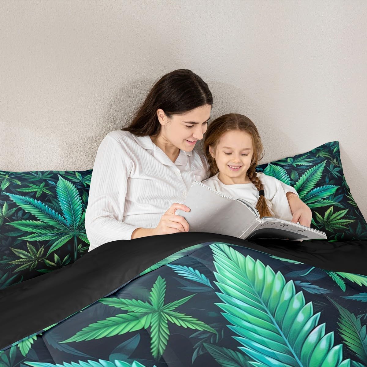 Manfei Cannabis Leaf Comforter Set,Marijuana Leaf Weed Psychedelic Bedding Set for Kids Teens Bedroom,Neon Teal Green Leaves Botanical Trippy Quilt Set 2 Pcs with 1 Pillowcase,Toddler