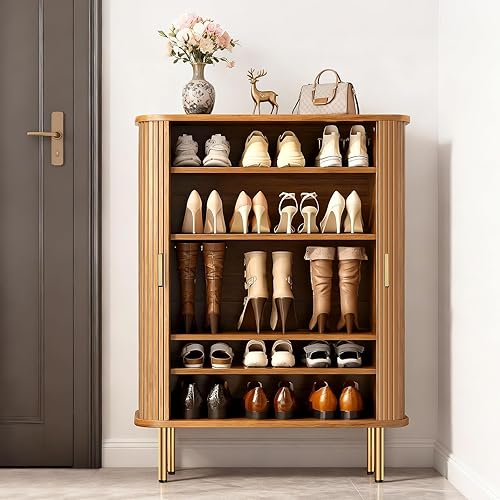 Miniatura 3 de DHH Armario de almacenamiento de zapatos con puerta corredera, armario de zapatos de 6 niveles con estantes ajustables, moderno organizador Nuez