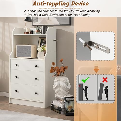 Miniatura 6 de GOFLAME Cómoda de 3 cajones con estante, organizador de almacenamiento moderno de 44 pulgadas de alto con diseño antiinclinación, cómoda de