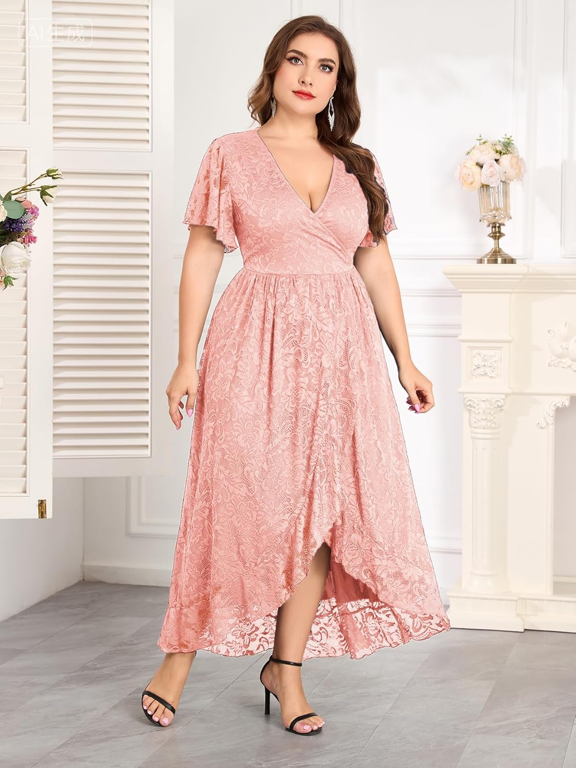 ZOMVA Plus Size Floral Lace Dress Wrap V Neck High Low Ruffle Sleeve Evening Gown Formal Dresses Wedding Guests Cocktail - Image 5