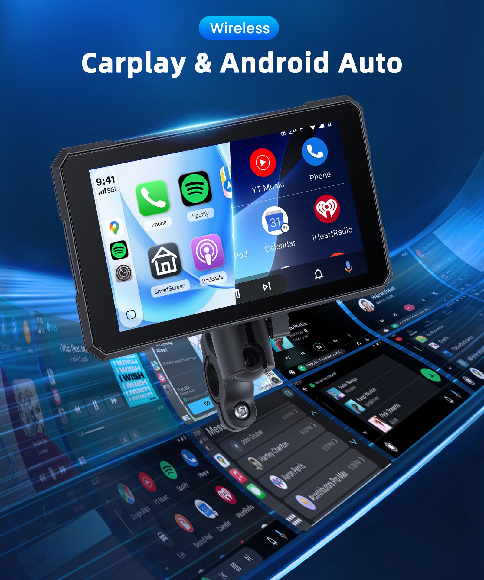 Rimoody Portatile Wireless Carplay Display Motociclo con Dashcam 2 Telecamera Fronte e Retro, 5 Pollici Touchscreen Carplay Android Auto Schermo per Motorbike con App/Bluetooth/IP68 étanche/GPS Navi