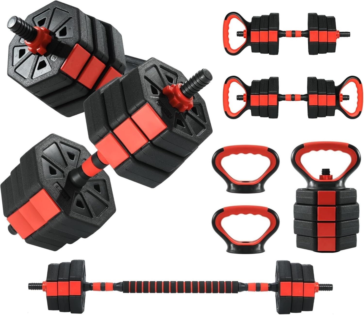 Adjustable Dumbbell Set 44/66/88LB, 4-in-1 Free Weights with Barbell Connecting Rod & Kettlebell Grips, Octagonal Non-Rolling Plates for Home Gym Full Body Workout