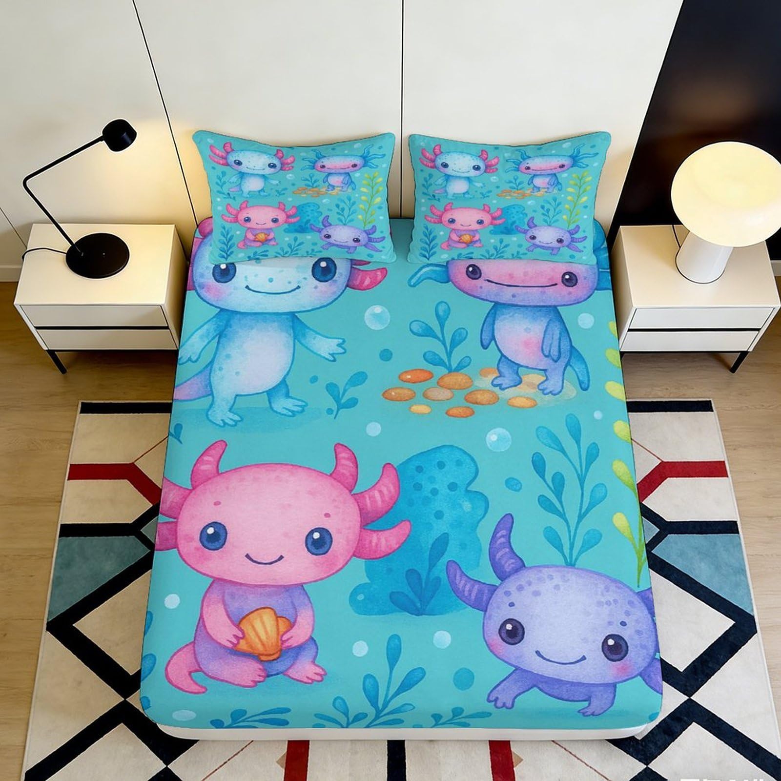 3D Printed Cute Axolotl Fitted Sheet Microfiber Soft Colorful Cartoon Underwater Mattress Cover for Bedroom Dorm Decor 90x200x25cm