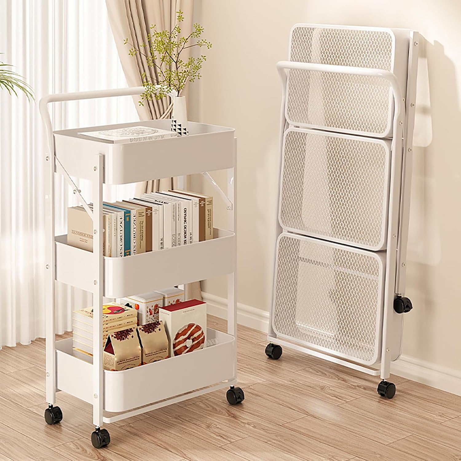 Foldable Storage Shelves, Low Profile Storage Cart with Wheels | Metal Multi-Function Organization Storage Rack, No Assembly Required Rolling Cart for Kitchen, Office