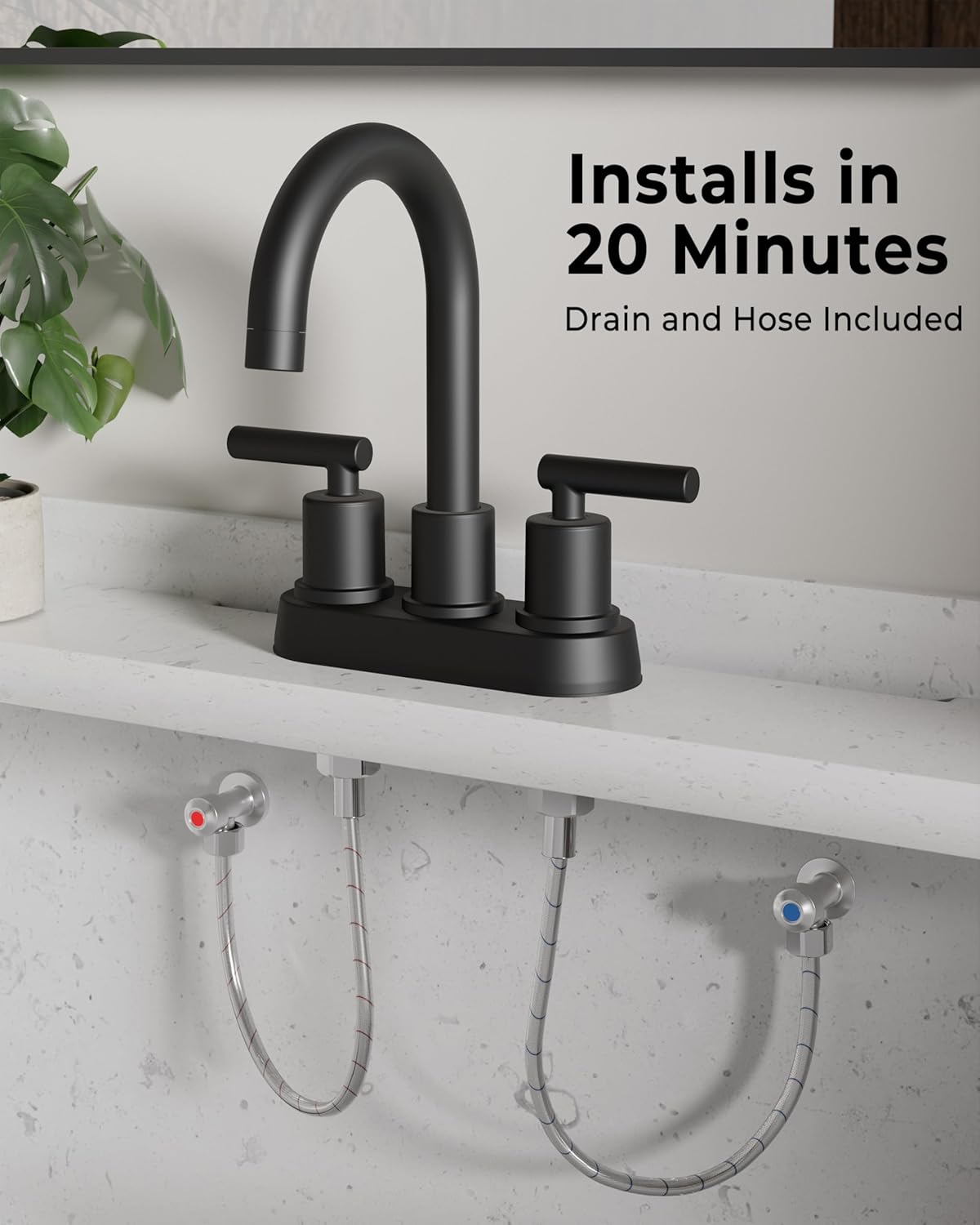 VXV Bathroom Sink Faucet 4 Inch 2 Handle Centerset Utility Lavatory Vanity Modern 360 Rotating Black Water Faucet with Pop-up Drain Stopper Assembly and Supply Lines Fits 2 Hole