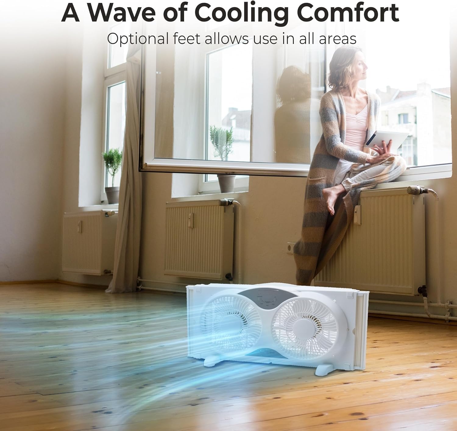 EZ-CHILL 9” Window Fan with Remote Control, 3 Speed Dual Fans with Auto-Locking Expanders, 3 Modes (Cool, Circulate, Exhaust), Fabric Cover, White