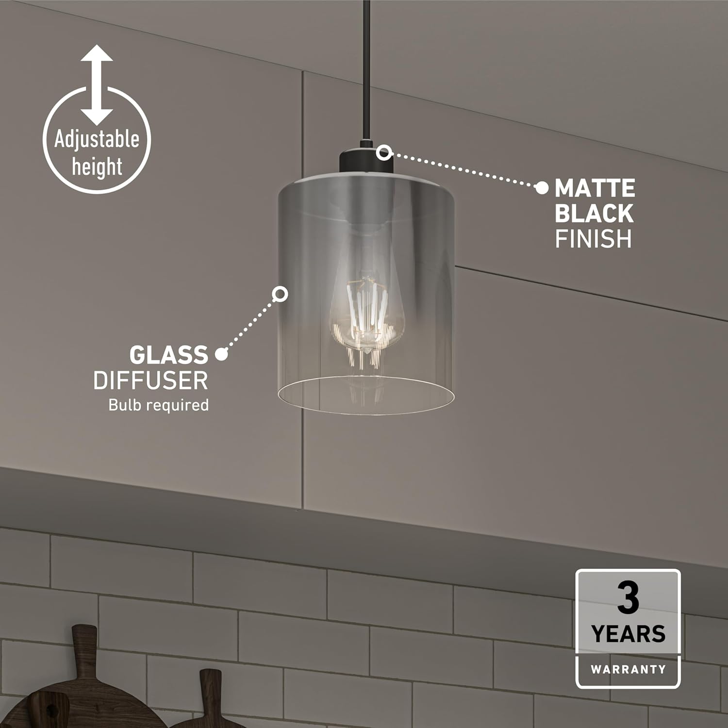 artika Haze Pendant Light with Smoke Chrome Gradient and Clear Glass, Ideal for Kitchen, Dinning Room, Bathroom, Matte Black Single Pendant Light Fixture