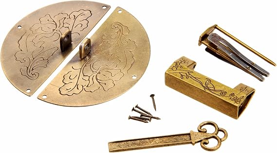 dophee Chinese Carved Vintage Lock with Key, Old Style Antique Padlock and Hasp with Mounting Screws for Jewelry Box Wooden Cases Cabinet Cupboard DIY Project Gift Boxes