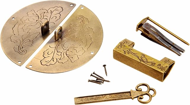 dophee Chinese Carved Vintage Lock with Key, Old Style Antique Padlock and Hasp with Mounting Screws for Jewelry Box Wooden Cases Cabinet Cupboard DIY Project Gift Boxes