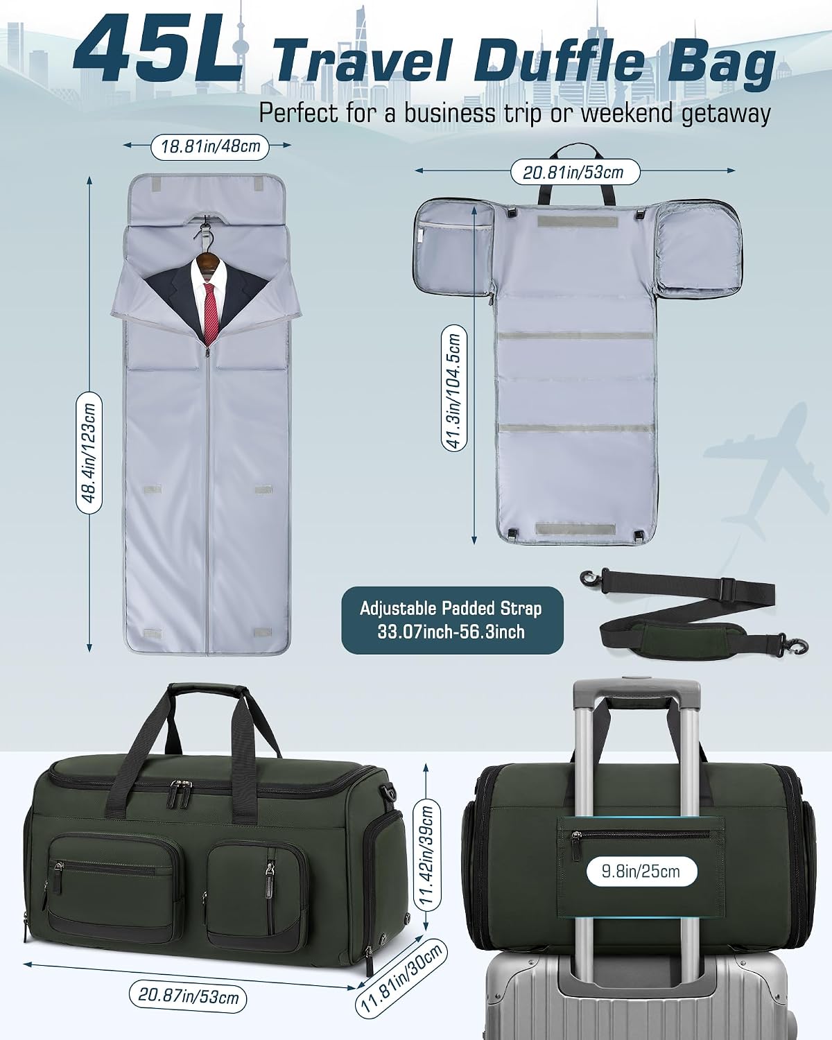 RAINSMORE Garment Bags for Travel, 45L Convertible Garment Duffle bag for Hanging Clothes, 3 in 1 Suit Travel Bag for Business Trips with Shoulder Strap, Carry On Suit Luggage for Men Women, Green