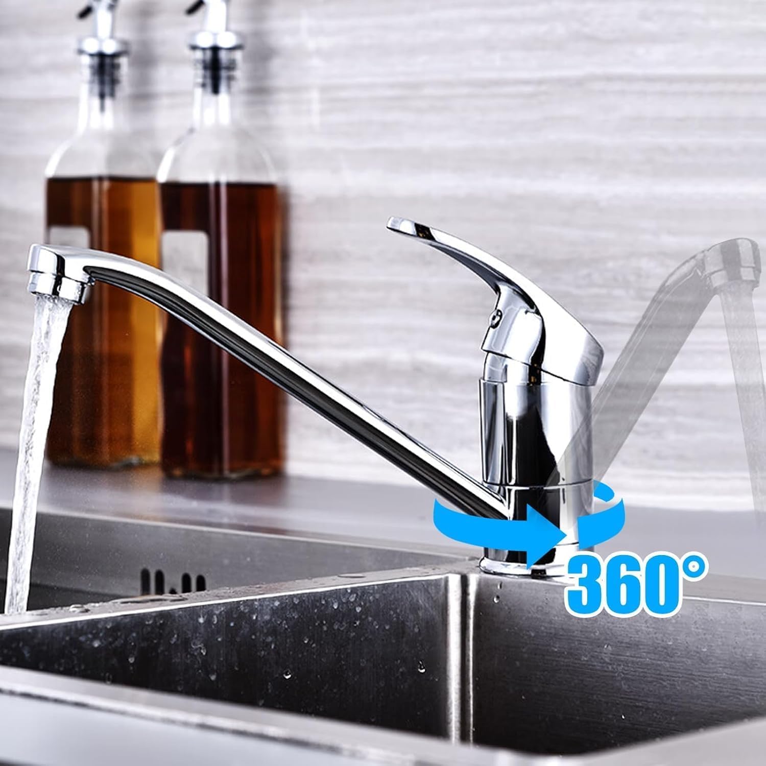 Laiton Robinet de Cuisine Pivotant À 360 ° Argent Chromé | Robinet de Cuisine Eau Froide Et Chaude Mitigeur D'évier De Cuisine Avec Pivotant Pour Cuisine Économie D'eau Silencieuse