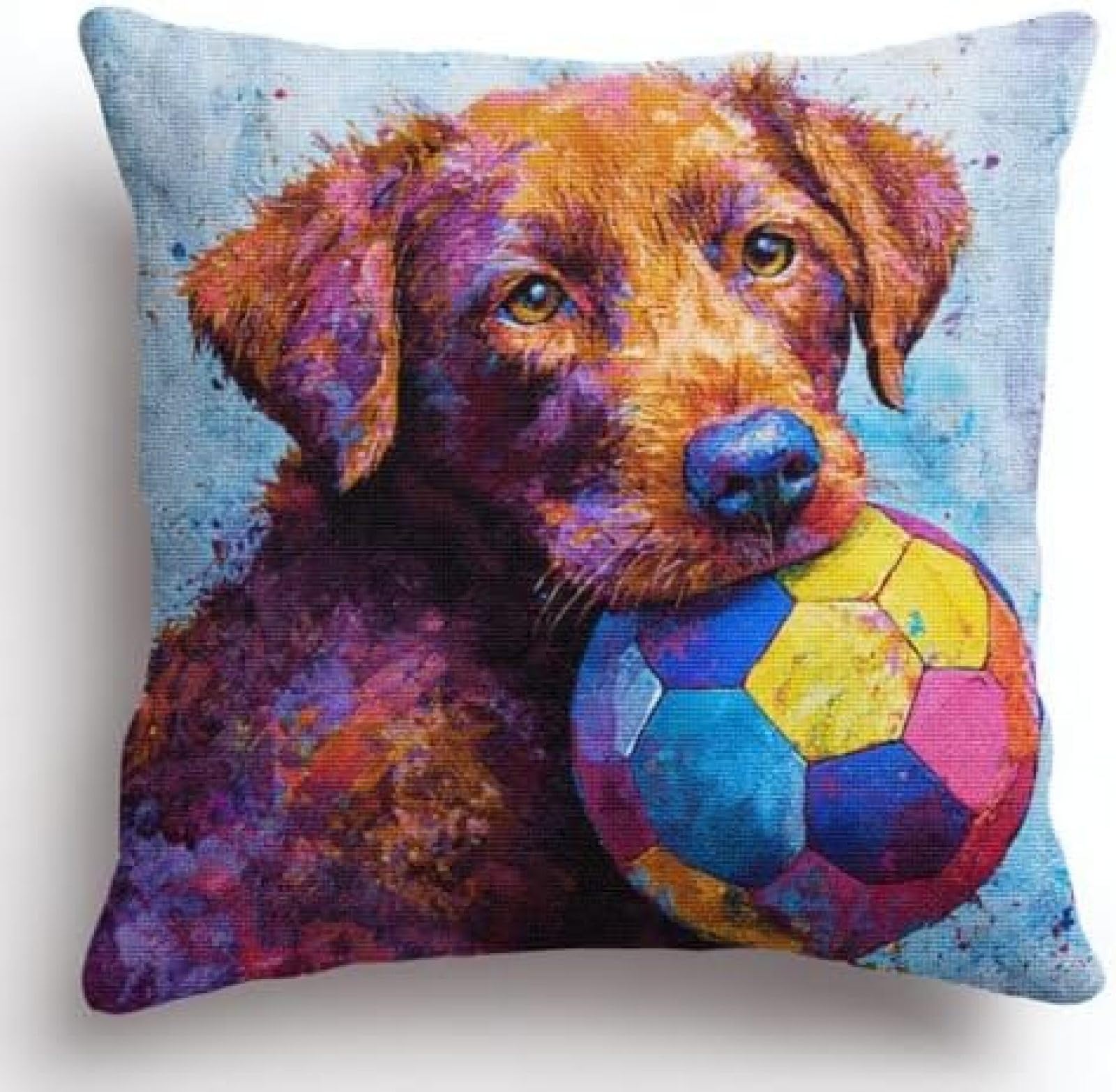 kitphoenix Cushion Cover Latch Hook Kit for Adults Beginners,Retriever Play Soccer Ball,DIY Crochet Embroidery Craft Set with Yarn,Hook and Printed Canvas,43x43 cm