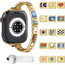 Gold Italian Charm Bracelet Apple Watch Band, Custom DIY Interchangeable Link Strap with 15 Trendy Charms, Compatible with Apple Watch 38/40/41/42/44/45/49mm