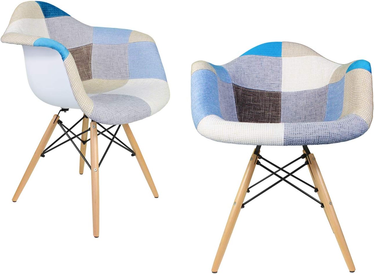 Mid-Century Modern Woven Fabric Upholstered Accent Arm Chair with Beech Wood Eiffel Legs Set of 2 (Patch)