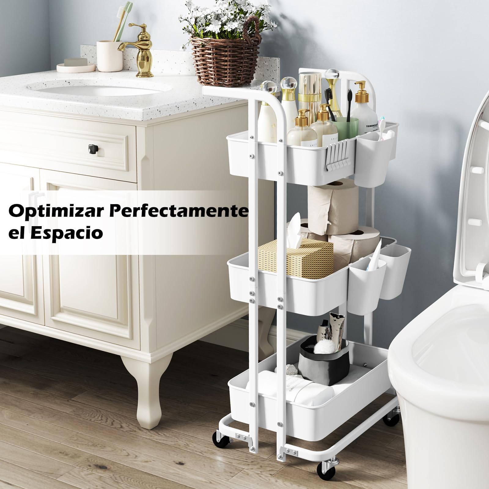 GOPLUS Carrito de Almacenamiento Plegable de 3 Niveles, Carro de Cocina Móvil con 3 Cubos Colgantes, 6 Ganchos, Ruedas Bloqueables, Carro de Servicio para Cocina, Sala de Estar, Comedor