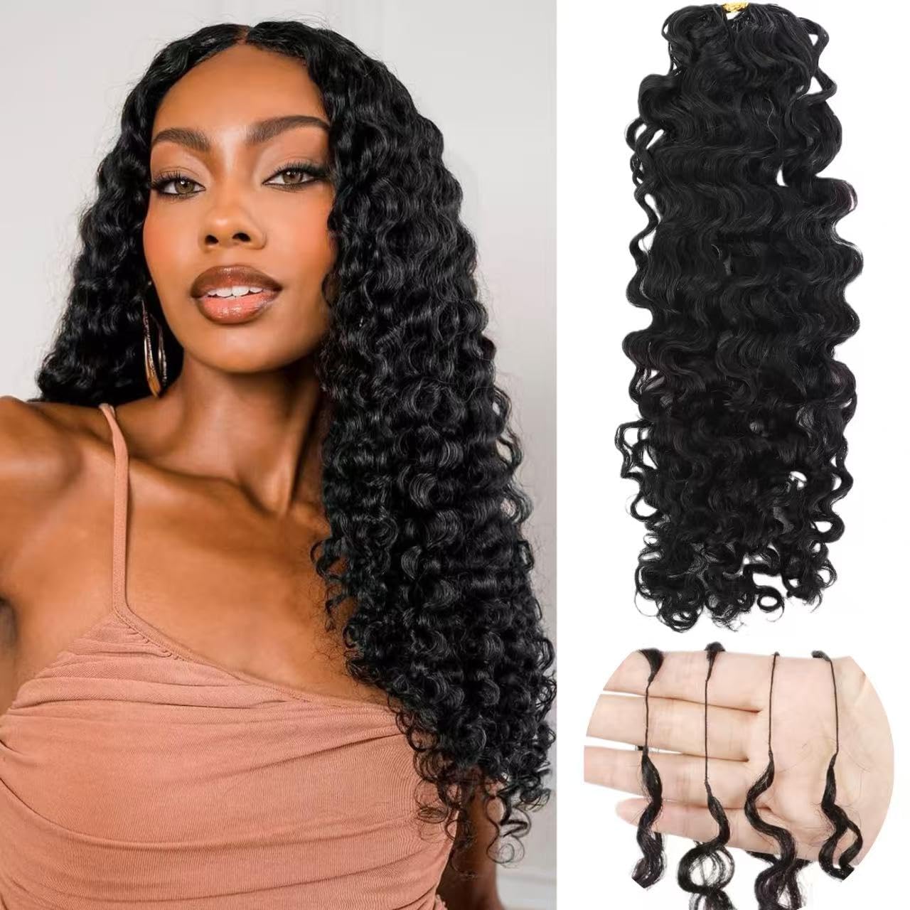 Water Deep Wave Human Crochet Hair Bundles Pre-Separated Feather Crochet Human Hair Deep Wavy Invisible Crochet Hair ExtensionsNatural Black 18inch 120g