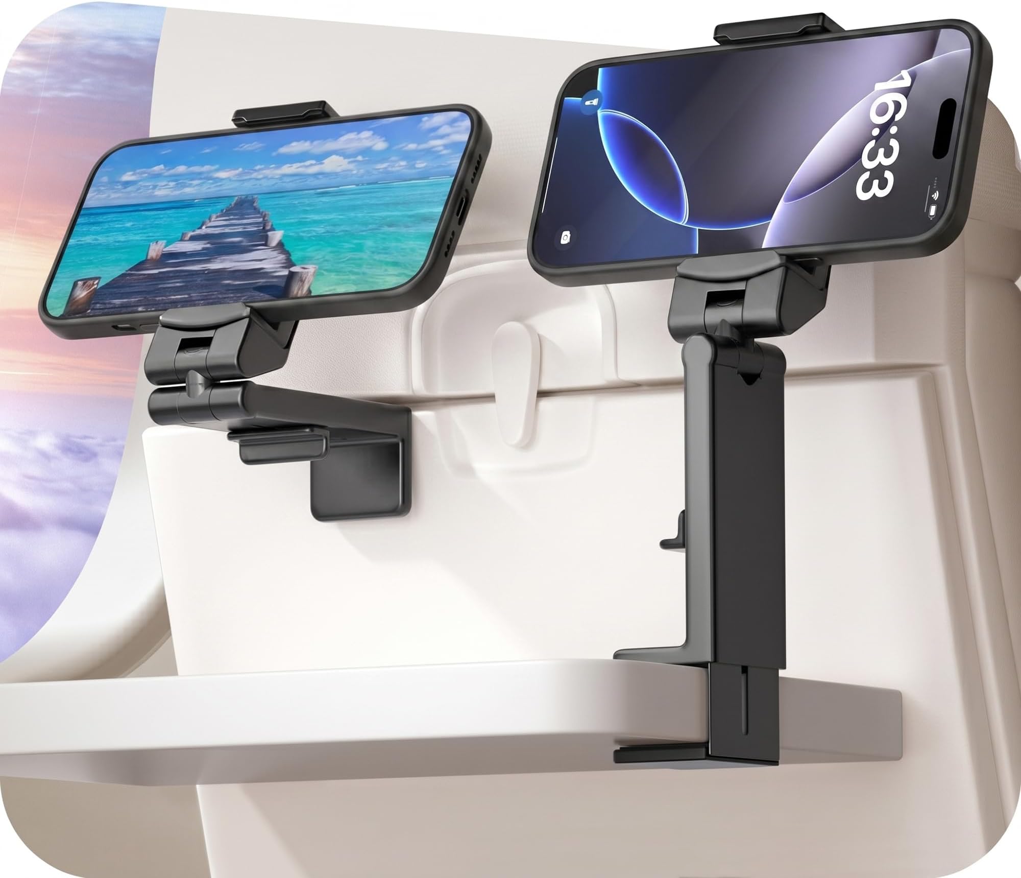 Perilogics Airplane Phone Holder Mount Universal in Flight Hands Free Viewing with Multi-Directional Dual 360 Degree Rotation (Black/Black)