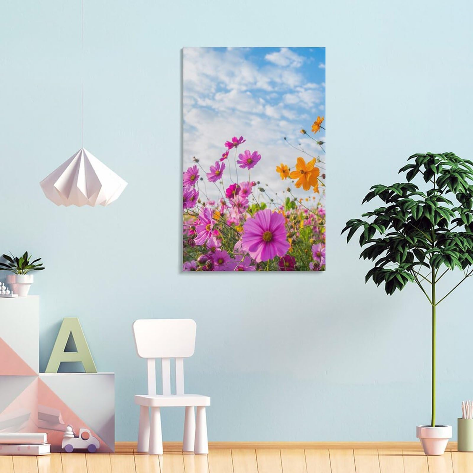 コスモス花畑の油彩画 装飾フレーム付き コスモス花畑の油彩画 装飾