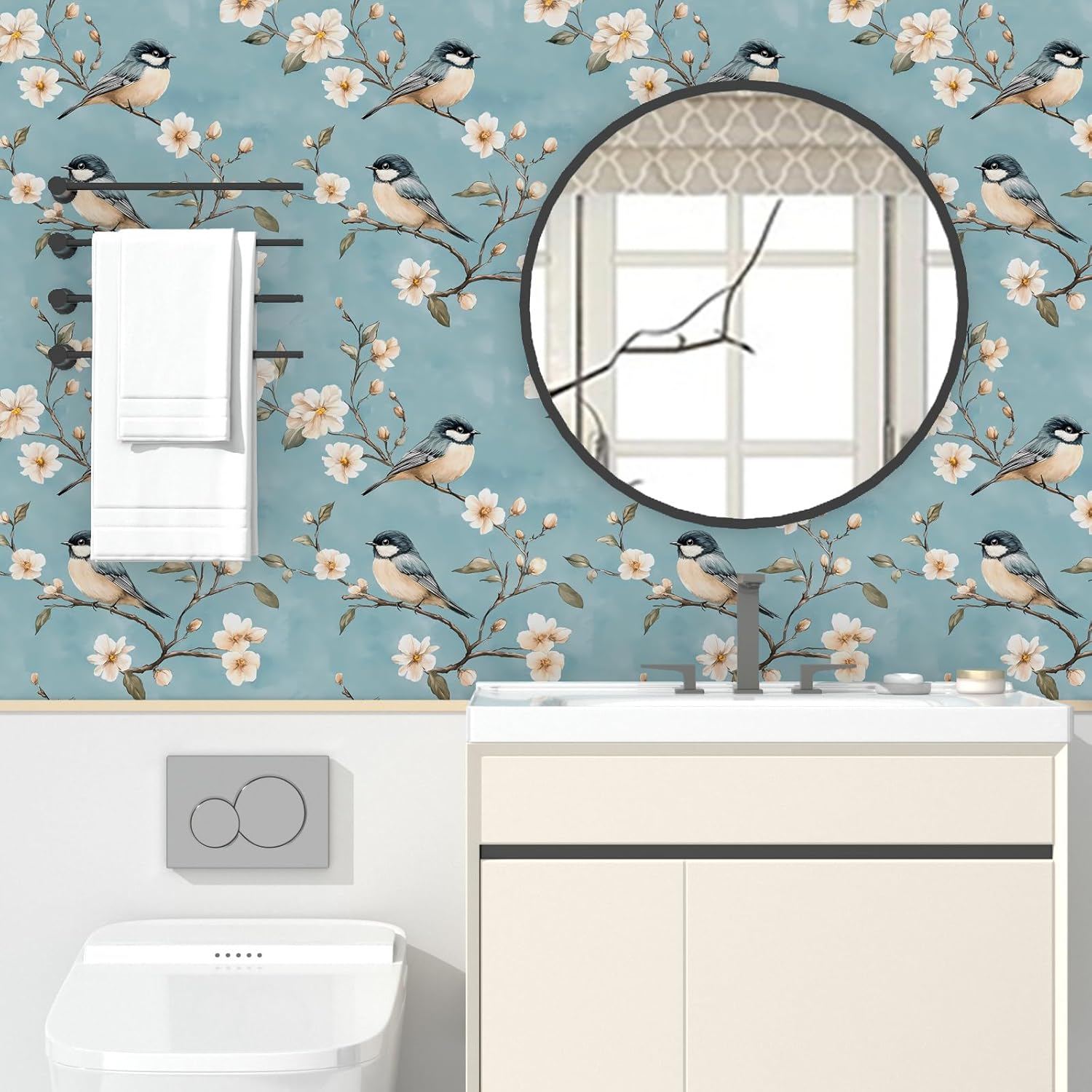 Bird Wallpaper Peel and Stick, Vintage Sky Blue/Beige Floral Contact Paper, Retro Botanical Wall Paper 17.5" x 118" Self Adhesive Removable Waterproof for Bedroom Walls Shelves Cabinet Drawer Table