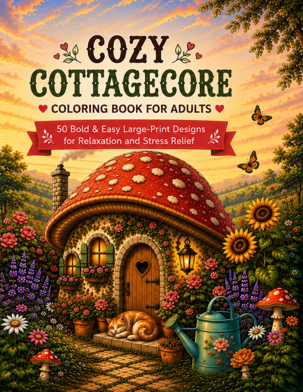 Cozy Cottagecore Coloring Book for Adults: 50 Bold & Easy Large-Print Designs of Mushroom Cottages, Cozy Kitchens, Wildflowers, and Countryside Charm for Relaxation and Stress Relief