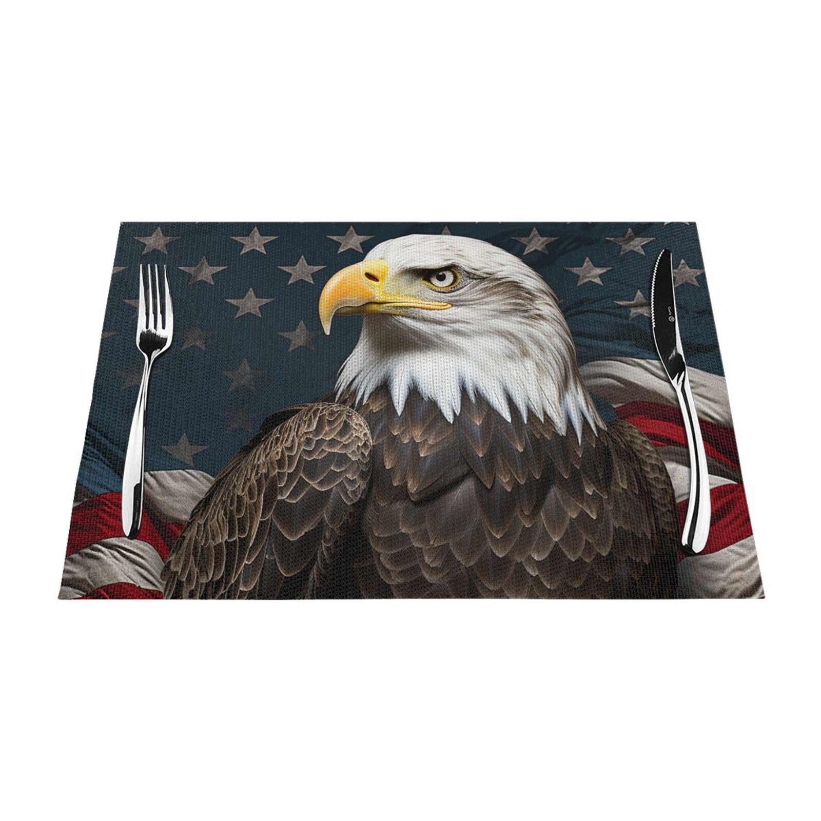 Placemats Set of 6 PCS Heat Resistant Non-Slip Place Mats for Dining Table American bald eagle sitting on flag ribbon Placemats Wipeable Washable PVC Weave Table Mats for Party Kitchen Dining Decor