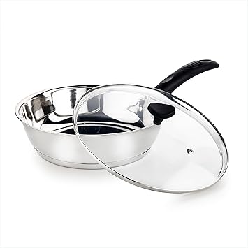 Crystal Stainless Steel Fry Pan with Glass Lid| 225 mm | Induction Base | Sandwich Bottom | Silver