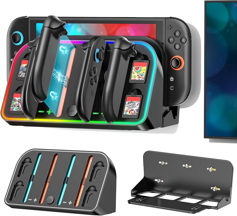 Switch 2 Wall Mount Charging Dock for 2025 Joycon 2, Wall Mount Kit Shelf for Nintendo Switch 2 Accessories, RGB Charger Dock Station with 4 Game Storage Holder for Nintendo Game Console Holder Stand