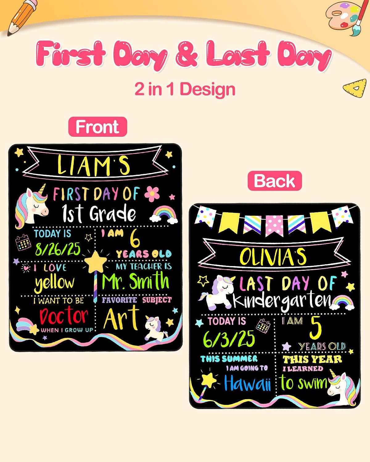 Double-Sided First Day & Last Day of School Sign with Markers Included - 12×10 Inch Reusable Back to School Chalkboard for Kids Girl, Preschool, Kindergarten - Durable & Easy to Clean, Unicorn
