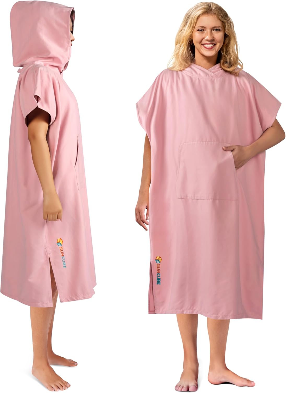 SUN CUBE Surf Poncho Changing Robe with Hood, Quick Dry Microfiber Wetsuit Changing Towel for Surfing Beach Swim Outdoor Sports Men, Absorbent Wearable Towel Cover Up with Pocket, Pink