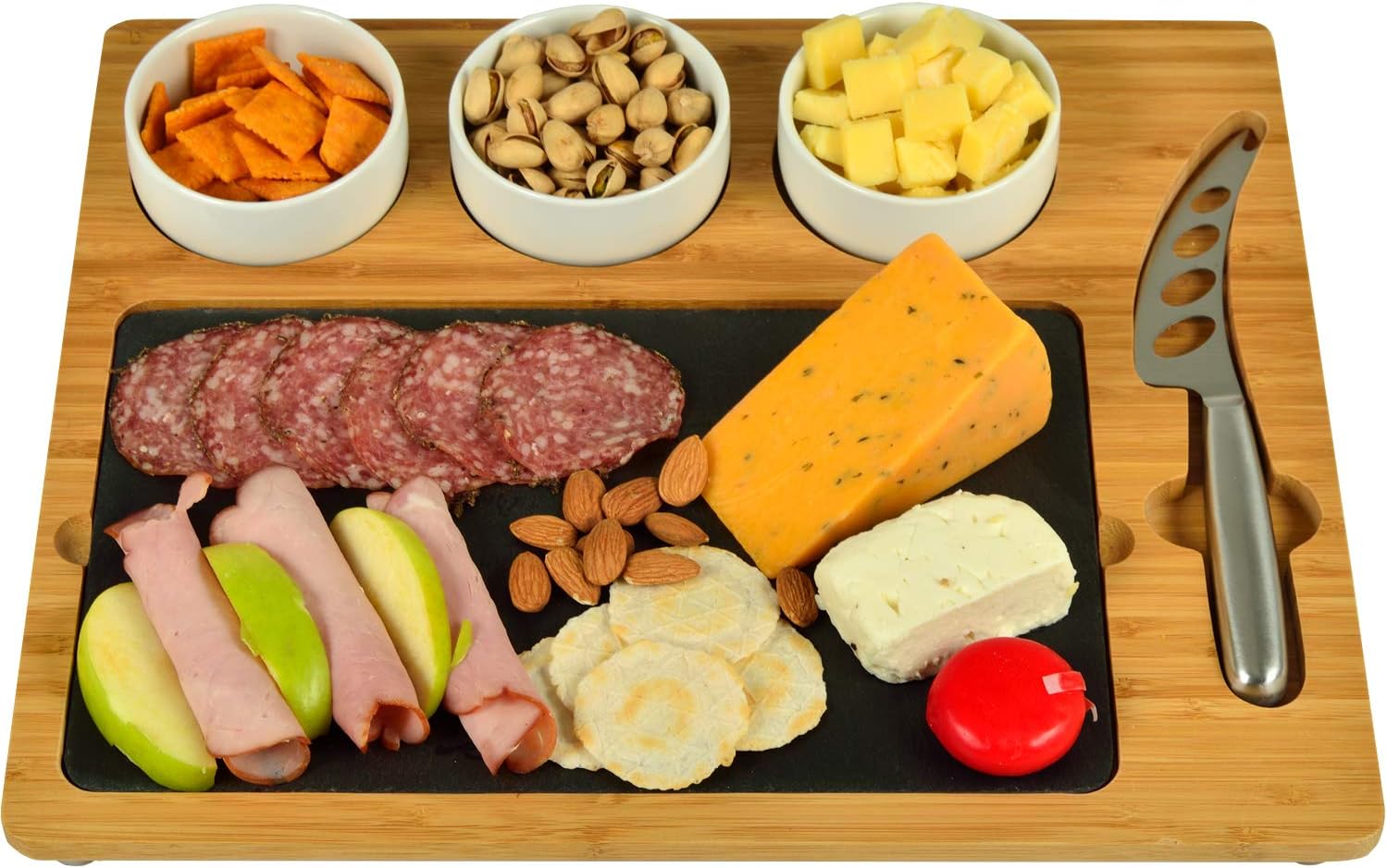 Picnic at Ascot Bamboo & Slate Cheese/Charcuterie Board - Includes 3 Ceramic Bowls & Cheese Knife- Patent Pending - Designed & Quality Checked in the USA