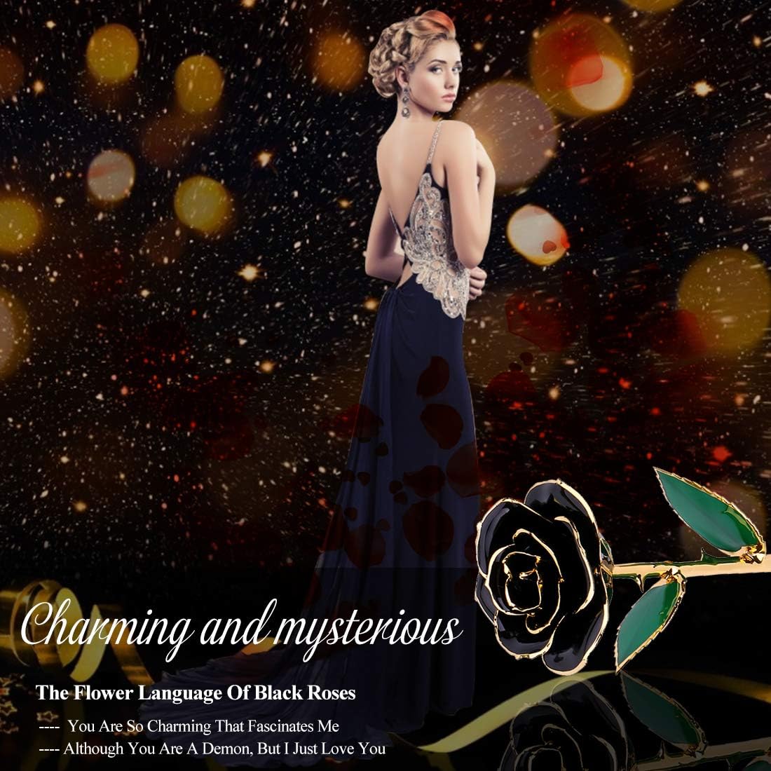 24K Black Rose for Her, Dipped Gold Rose Love Real Golden Plated Preserved Eternal Flower with Rose Stand Present for Wife/Girlfriend/Lover (Black)