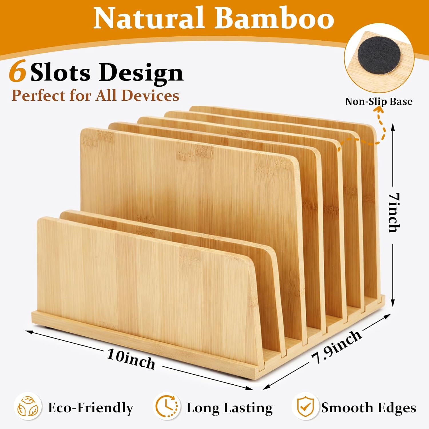 Unittype Bamboo Multi Device Organizer, 7 Slots Vertical Laptop Storage Rack, Computer Charging Station for Smartphones, Tablets and Laptops, Space Saving Organizer for Home Office