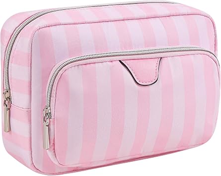 RSRSLEII Waterproof Travel Makeup Bag, Aesthetic Nylon Striped Cosmetic Bag,Coquette Traveling Toiletry Bag With Zipper, Cosmetic Pouch for Women Purse, Ideal for Women and Girls02 Compartments