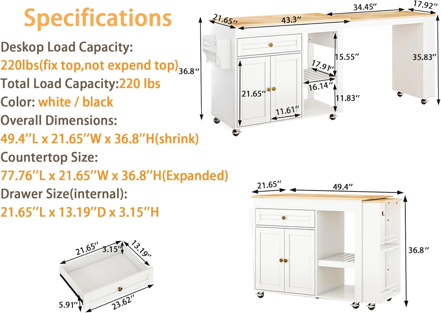 77.8" Kitchen Island with Extendable Table, Rolling Kitchen Island with Storage Cabinet, Drawers, Spice Rack, Towel Rack, Mobile Kitchen Storage Islands for Dining Room, White