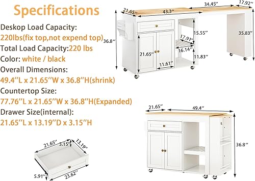 Miniatura 2 de Isla de cocina de 77.8 pulgadas con mesa extensible, isla de cocina rodante con armario de almacenamiento, cajones, estante para especias, toallero,