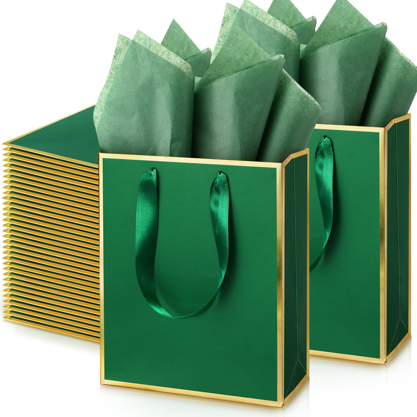Yeaqee 50 Pack Metallic Gift Bags with Handles and Tissue Paper Gold Foil Thank You Gift Bag for Wedding Hotel Guest Fall Birthday Baby Shower Holiday Party Favors, 9x7x3.15'' (Green Gold) โ image 1