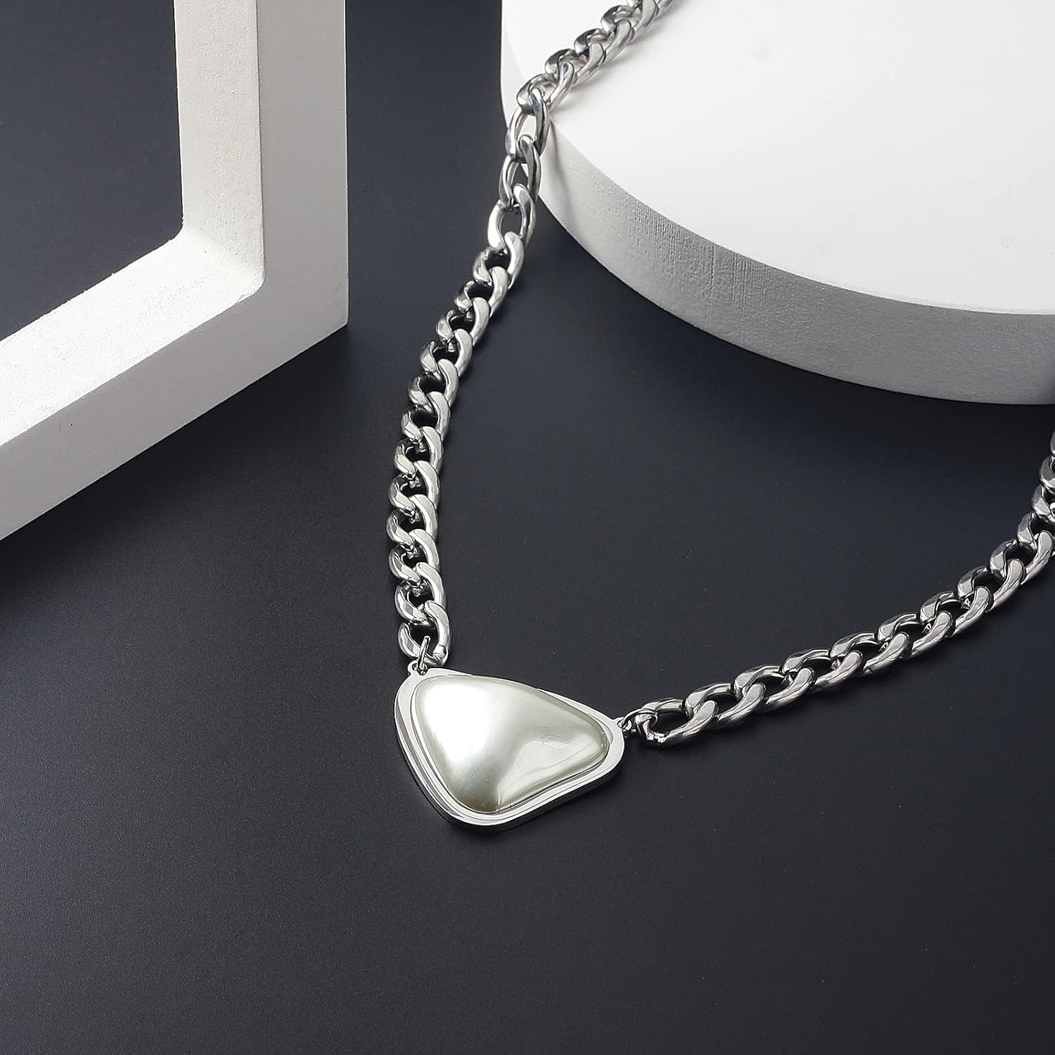 DASIQI Pearl Pendant Necklace Cuban Link Thick Silver Chain 19 inch Stainless Steel Fashion Jewelry - Image 3