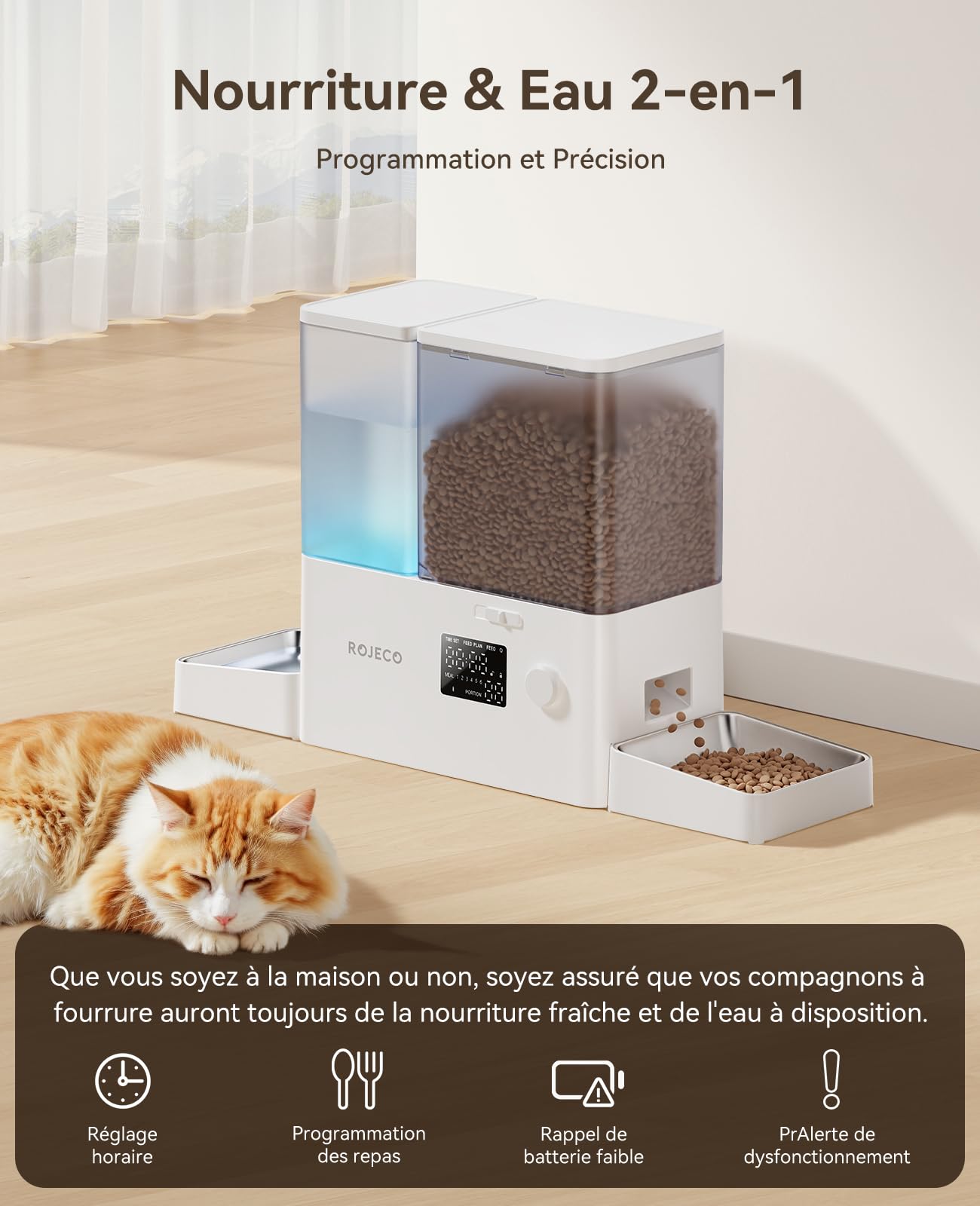 Rojeco Distributeur Automatique 2-en-1 Nourriture et Eau，8.5L Grande Capacité，Minuterie Programmable，Bols en Acier Inoxydable，Commande par Bouton，pour Chat Chien Petit Moyen Animal