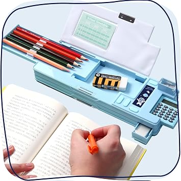 Multifunction Pencil Case with Calculator, Pencil Sharpener and Curriculum, Multiple Cute Patterns, Suitable for Elementary School Girls, Boys, Great Gifts for Kids(LightBlue)