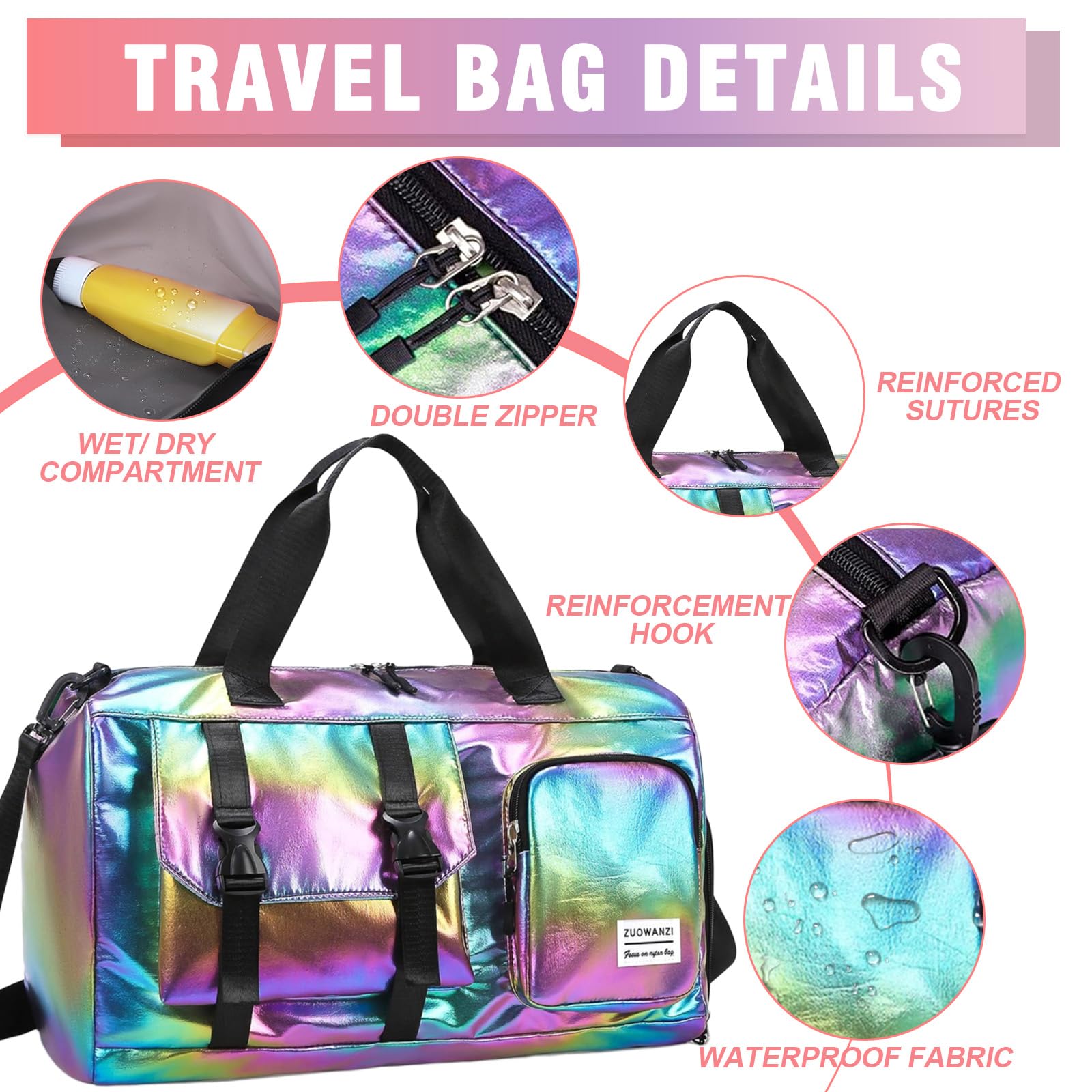 MeYuxg Borsa da Viaggio per Donna con Scomparto per Scarpe e Scomparto per Articoli Bagnati, Borsa da Viaggio per Donna con Effetto Glitter Gym Bag, Borsa Impermeabile per Nuoto, Borsa per Allenamento