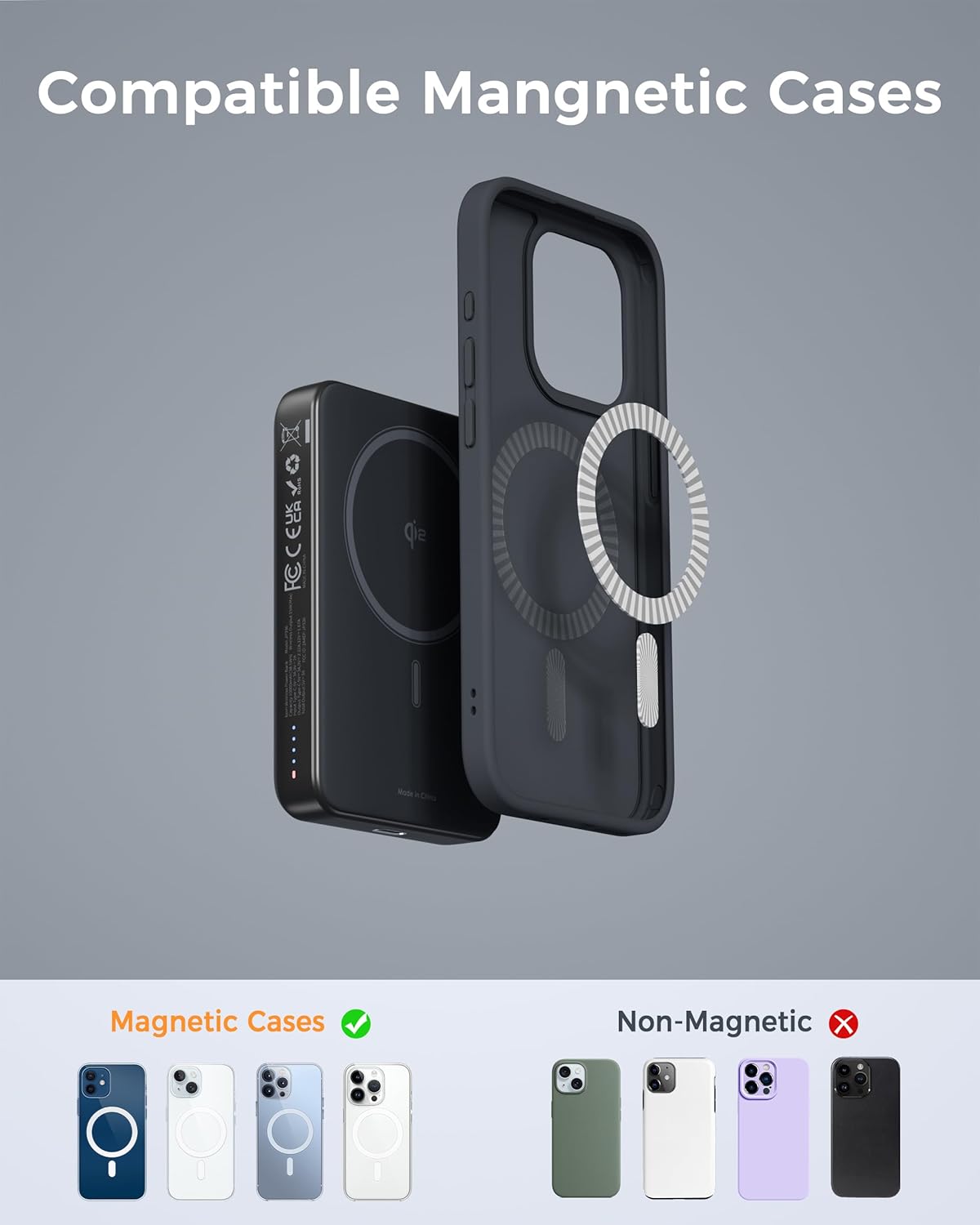 Comparison of magnetic cases (checked) and non-magnetic cases (crossed out) for wireless charging compatibility.