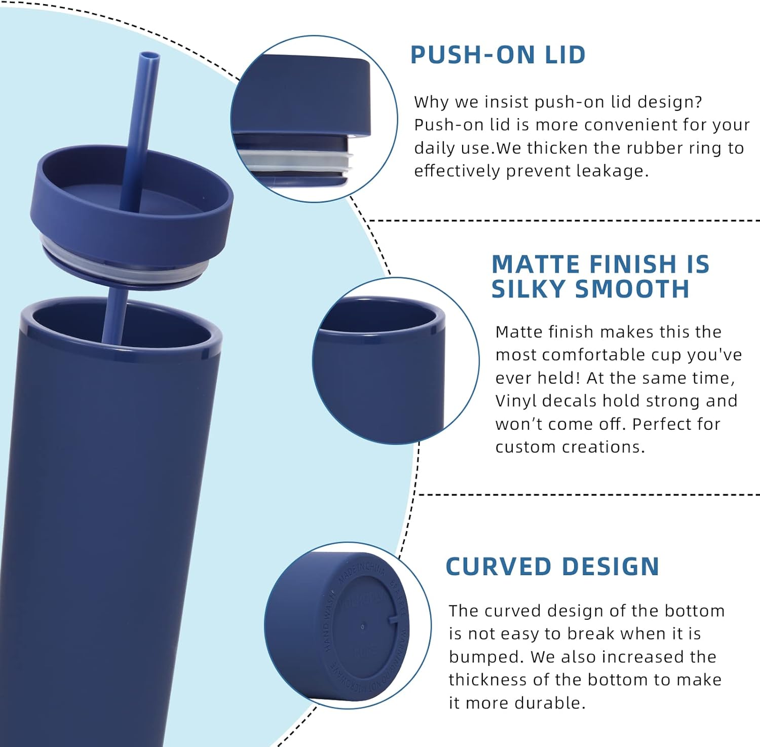 Volhoply 20oz Plastic Skinny Tumblers Bulk 10 Pack,Double Wall Tumbler with Lid and Straw,BPA Free Matte Acrylic Iced Coffee Cups With Straw,Reusable Travel Cute Mug for Party,DIY Gift(Navy, 10 Set) - Image 4