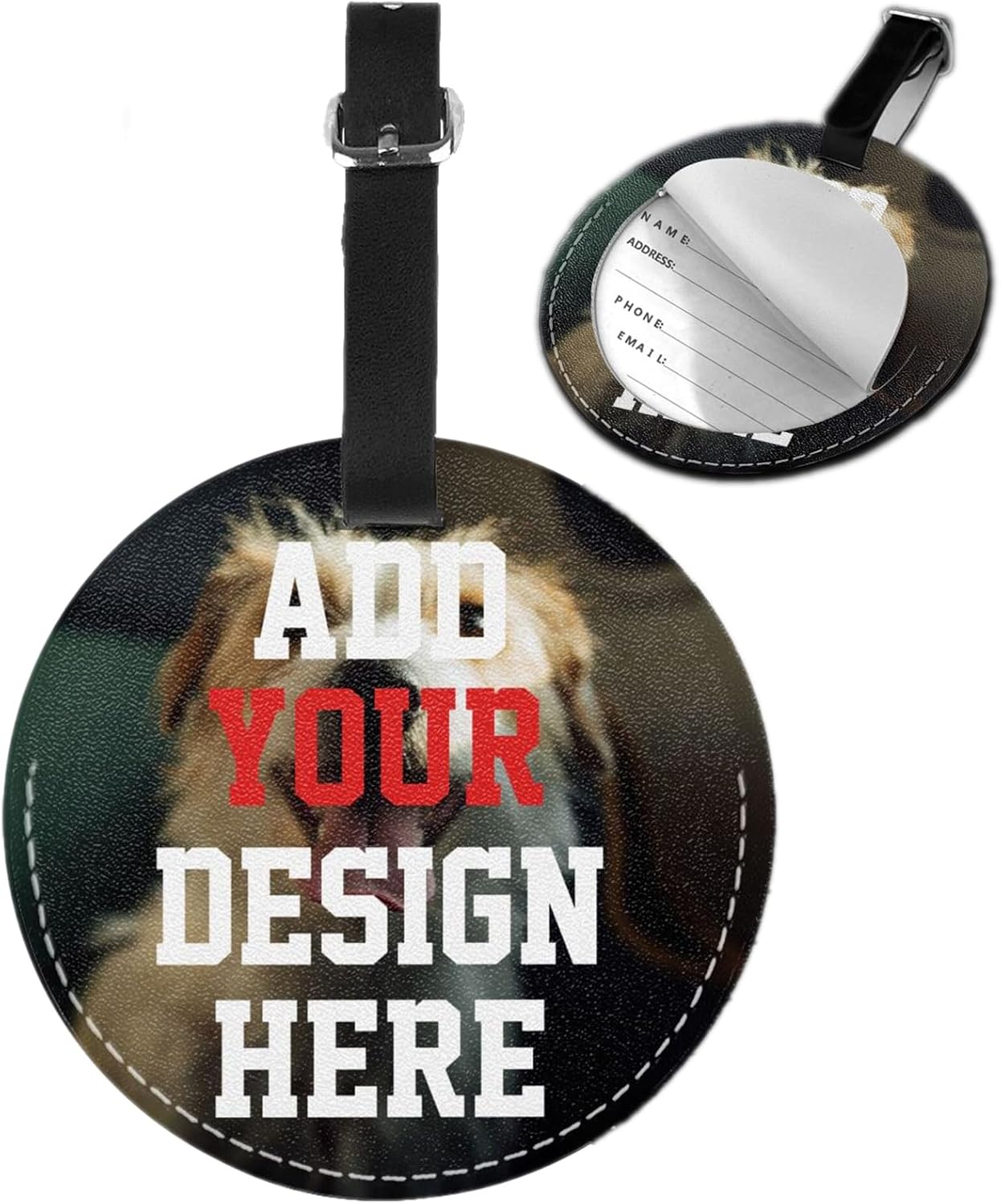 Personalized Luggage Tags, Dog Luggage Tag, Custom Tags with Name Card Slot, Durable and Waterproof, Gift for International Travelers (Round Leather)