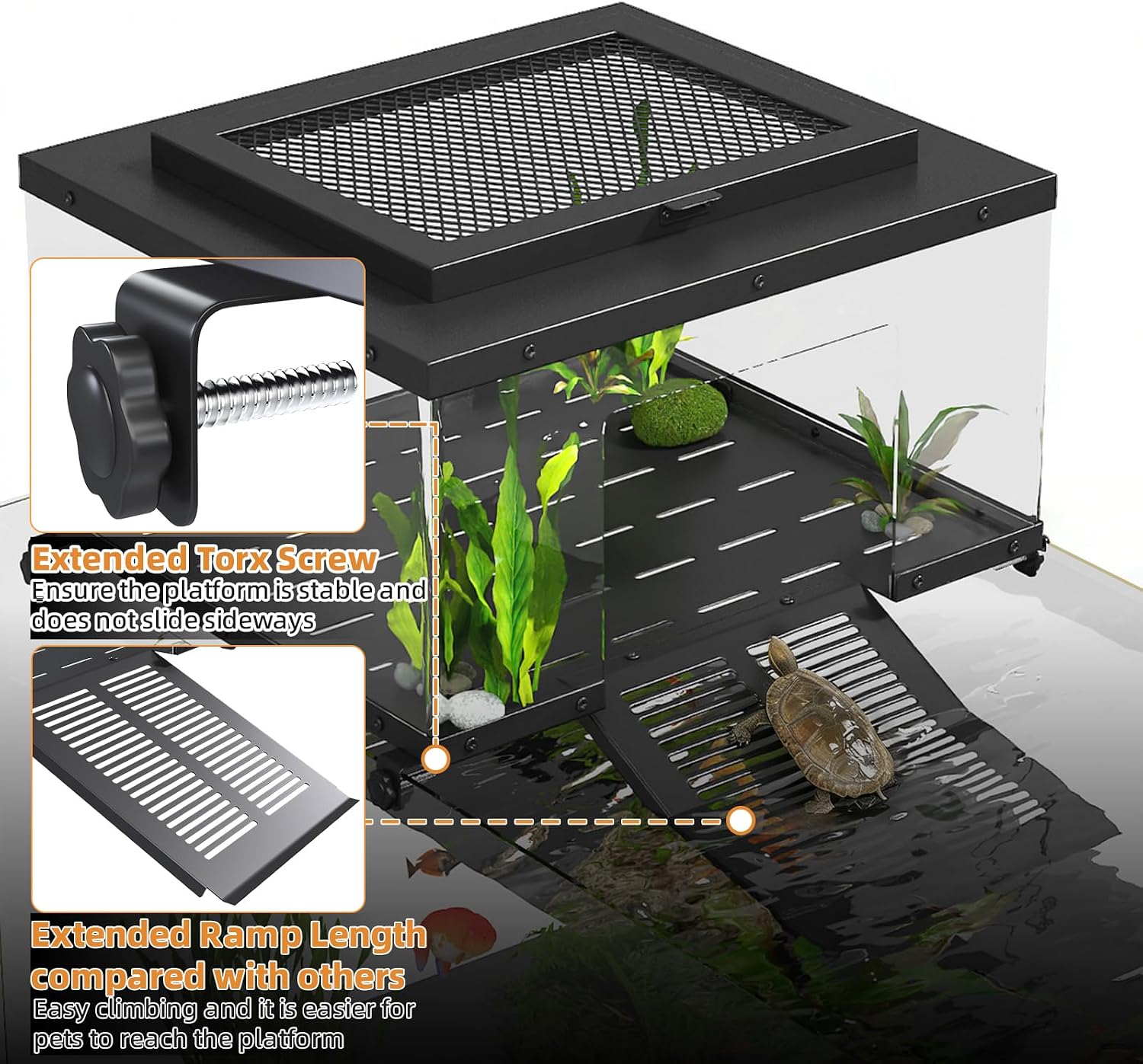 Erinnyees Turtle Basking Platform for Aquatic Turtles, Stainless Steel Large Turtle Dock with Extended Ramp & Flip-Open Mesh Door,Fits 18.5-21'' Wide Aquariums, Extra Large