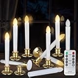 10 Pack Flameless LED Taper Candles with Remote & Timer – Battery Operated Flickering Window Candlesticks with Gold Holders – Safe Realistic Light for Christmas Home Wedding Decor Golden Holder